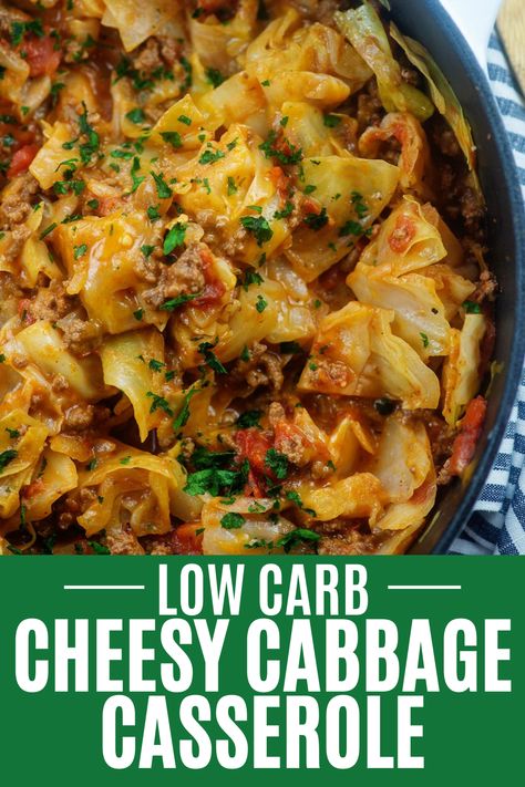 Cabbage casserole in black bowl with blue napkin. Low Carb Meals With Cabbage, Cheesy Cabbage Beef Casserole, Cheeseburger Cabbage Casserole, Cheesy Cabbage Beef Skillet, Low Carb Beef And Cabbage, Cheesy Ground Beef And Cabbage Skillet, Keto Hamburger And Cabbage Recipes, Low Carb Cheesy Cabbage Casserole, Cabbage And Ground Meat Recipes