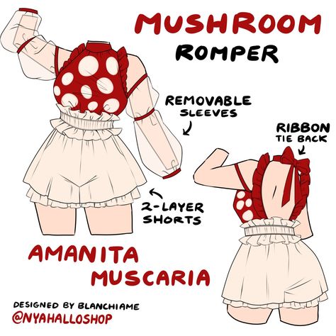 Nyahallo Designs, Outfit Oc, Mushroom Outfit, Clothing Sketches, Clothing Design Sketches, Drawing Anime Clothes, Dress Design Sketches, Oc Ideas, Clothes Summer