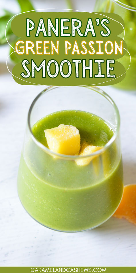 green smoothie with mango on top. Green Passion Smoothie Panera Recipe, Panera Smoothie Recipe, Panera Green Smoothie Recipe, Smoothie At Home, Panera Recipes, Green Goddess Smoothie, Tropical Green Smoothie, Green Smoothie Recipe, Passion Fruit Juice