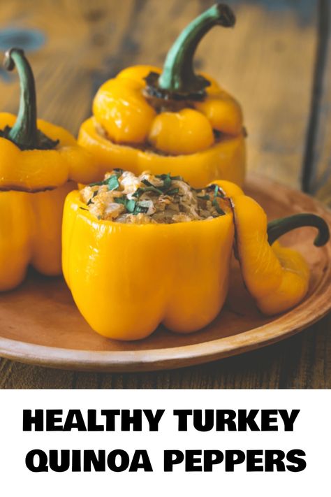 Healthy turkey quinoa stuffed yellow bell peppers on a wooden plate. Stuffed Peppers Quinoa, Turkey Peppers, Quinoa Turkey, Quinoa Stuffed Bell Peppers, Butter Mayo, Stuffed Bell Peppers Recipe, Turkey Quinoa, Fluffy Quinoa, Turkey Mince Recipes