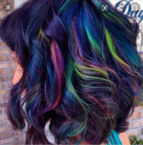 Jewel Toned Hair, Oil Slick Hair Color, Oil Slick Hair, Blue Purple Hair, Slick Hair, Underlights Hair, Hair Play, Ombre Blond, Galaxy Hair