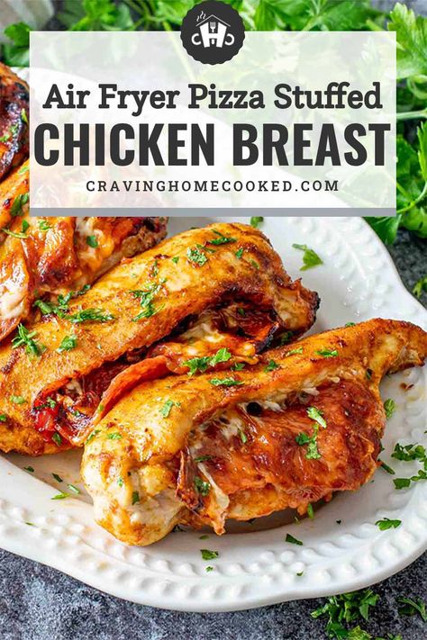 This air fryer Pizza Stuffed Chicken Breast has everything you love about pizza all rolled up into a pepperoni filled cheesy chicken dish! #pizza #stuffedchicken #recipe Air Fryer Pizza Chicken, Air Fryer Pepperoni Chicken, Pepperoni Mozzarella Stuffed Chicken, Air Fryer Pepperoni And Pesto Chicken, Air Fried Stuffed Chicken Breast, Pizza Chicken Breast, Air Fry Stuffed Chicken Breast, Pepperoni Stuffed Chicken Breast, Stuffed Chicken Breast In Air Fryer