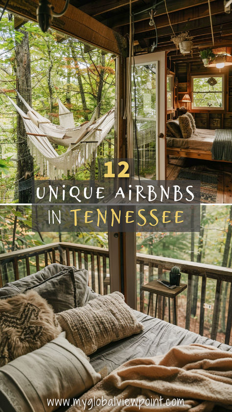 Interior and exterior views of a cozy treehouse Airbnb in Tennessee, showcasing a hammock on the porch and a comfortable bed with forest views. Perfect for a cabin weekend getaway or a relaxing vacation in the woods. Treehouse Airbnb Ideas, Airbnb Cabin Ideas, Treehouse Vacations, Airbnb Cabin, Treehouse Rentals, Treehouse Airbnb, Unique Airbnb, Cabin Weekend, Tiny House Rentals