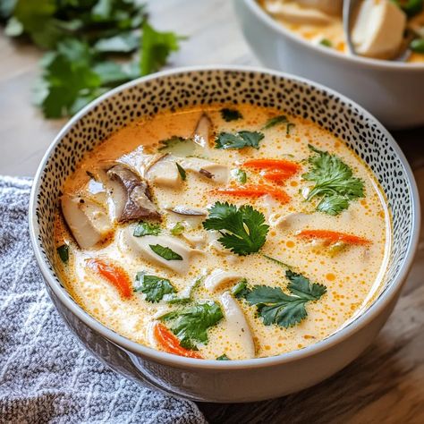 Authentic Tom Kha Gai Soup Recipe Spicy Tom Kha Soup, Slow Cooker Tom Kha Gai Soup, Kao Tom Soup, Tom Tom Soup, Tom Kha Gai Soup Thai Style, Tom Kha Soup Instant Pot, Garbage Soup Recipe, Thom Ka Soup, Tom Kha Kai Soup