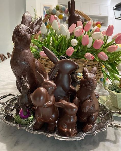 Michelle | Blog | Home on Instagram: "A few years ago I bought a variety cheap ceramic bunnies and sprayed them “chocolate”. It’s a fun little collection to bring out every Easter. Very budget friendly if you shop thrift and dollar stores. And we all know I love a silver platter. Simple decor that is somewhat timeless. Chocolate better never go out of style. 🤣 . . . . . #easterdecoration #easterdecor #spring #springdecorating #springdecor #homedecor #chocolate #chocolatebunny #silverplatter" Chocolate Bunny Decor, Ceramic Easter Bunnies, Ceramic Bunny Decor, Bunny Figurines, Rabbit Figurines Home Decor, Silver Platters, Ceramic Bunny, Chocolate Bunny, Spring Easter Decor