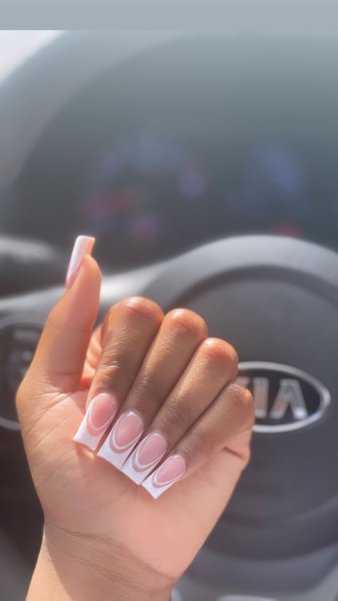 White V French Tip Nails Square, Medium French Acrylics, Full Set Nails Acrylic French Tips, Negative Space Nails Coffin, Negative Space French Tip Nails, Medium Acrylic Nails French, Short Double French Nails, Short V French Tip Acrylic Nails, Square Nails Ideas Medium French Tip