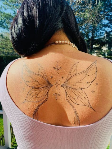 Fairy Arm Sleeve Tattoo, Fairy Spine Tattoo, Whimsical Tattoos For Women Sleeve, Wings Spine Tattoo, Child Tattoo Ideas For Women, Fairy Back Tattoo, Cute First Tattoo Ideas, Child Tattoo Ideas, Butterfly Wings Tattoo On Back