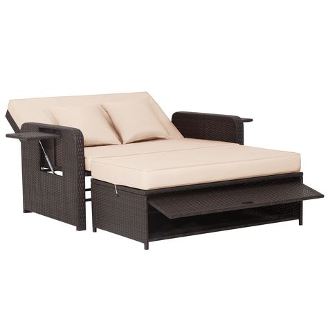 PRICES MAY VARY. 【Relax with Comfort】The large seating area which measures 58" x 48.5" (L x W) enables you to sit or lie on the daybed with your best friend. Coming with 2 seat cushions and 4 back cushions filled with elastic and soft sponge, the daybed offers you optimal comfort. And smooth zippers make it easy to remove or wash the cushion cover. 【4-Level Adjustable Backrest】The backrest can be adjusted in 4 different level, you can adjust it to the perfect position for lying, reading, relaxin Rattan Loveseat, Daybed Lounge, Wicker Outdoor Sectional, Daybed Sets, Rattan Daybed, Double Chaise Lounge, Wicker Loveseat, Snacks Easy, Rattan Lounge Chair