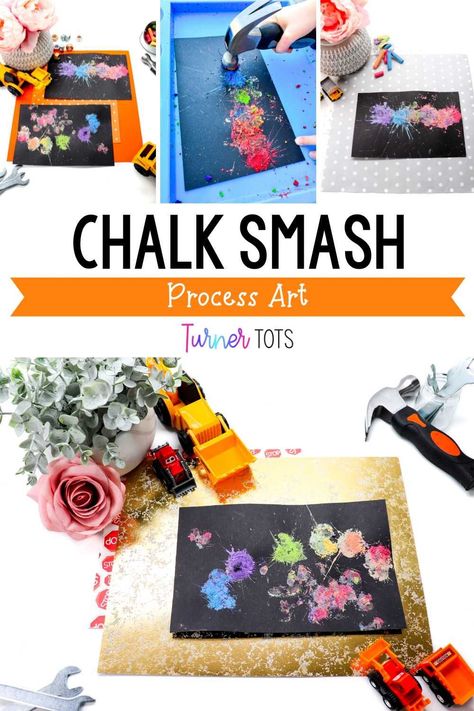 Hammering Activities For Preschool, Chalk Preschool Activities, Construction Process Art, Chalk Activities For Toddlers, 3d Process Art Preschool, Crafts With Black Paper, Invitation To Create Preschool, Construction Art Activities, Construction Art Preschool