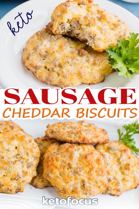 Keto Sausage Cheddar Biscuits Recipe. Looking for an addictive, delicious low carb make-ahead breakfast? Try these keto sausage cheddar biscuits! Freezer safe, fulfilling, and super-satisfying, this dish is an easy grab and go keto meal for busy mornings. If you love breakfast biscuits, you will surely fall in love with these keto sausage cheddar biscuits too. The latter is a refreshing spin on the former recipe. | @ketofocus #ketobreakfast #ketodiet #bestketorecipes Keto Sausage Cheddar Biscuits, Keto Sausage And Biscuits, Keto Sausage Muffins, Keto Grab And Go Lunch, Keto Sausage Biscuits, Keto Breakfast Biscuits, Keto Southern Recipes, Low Carb Sausage Recipes, Ketofocus Recipes