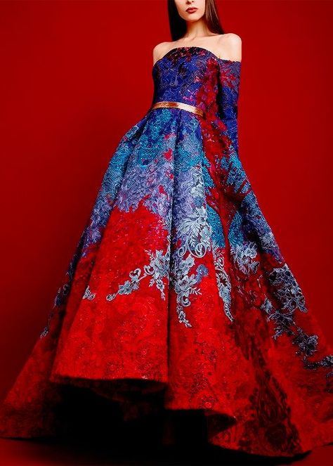 Fall Gowns Formal, Winter Ball Gowns, Unique Dresses Creative, Creative Dresses, Hussein Bazaza, Creative Dress, Colorful Gown, Red And Blue Dress, Haute Couture Gowns