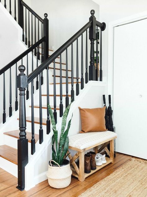 #makeover #stairsdecor #remodeling #crafts Black Paint For Stair Railing, Black Painted Staircases, Stair Railing Painted Black, Black Stair Railing Wood, Paint Wood Stair Railing, Black White Wood Stairs, Dark Brown Stair Railing, Black Paint Staircase, Indoor Black Railings For Stairs