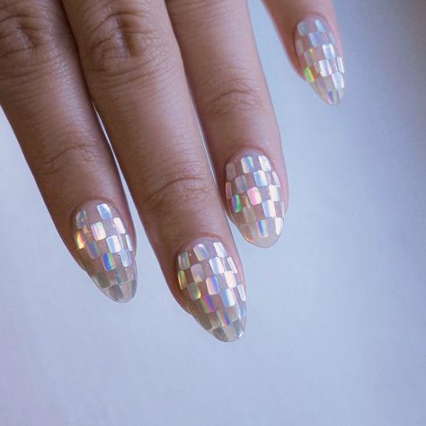 🪩🕺🏻⚡️ . . . . . . . . . #disconails #nailart #discoglitter #nails Disco Nails Acrylic, Kacey Musgraves Nails, Disco Nail Ideas, 70s Disco Nail Designs, Fun Bride Nails, Mirror Ball Nails, Disco Ball Nail Art, Tinsel Nails, Mirrorball Nails