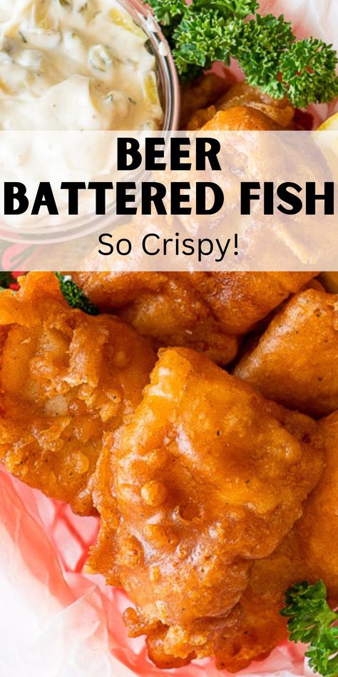 This Crispy Beer Batter Fish Recipe is made with basic ingredients and creates a crunchy coating around flaky, tender white fish! Fried fish is great with homemade Tartar Sauce or used to make crispy fish tacos! Beer Batter Fish Recipe, Batter Fish Recipe, Crispy Fish Batter, Fish And Chips Batter, Beer Batter Fish, Crispy Fish Tacos, Beer Battered Fish Recipes, Easy Tartar Sauce, Fish Batter