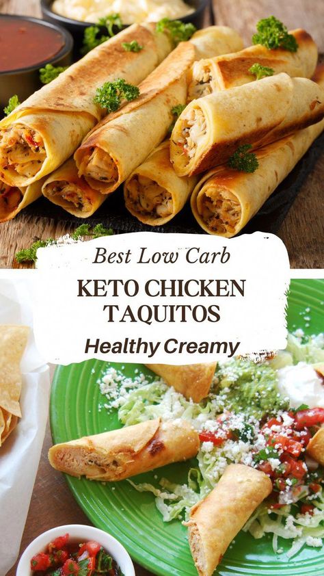 Keto Chicken Taquitos - These low carb chicken taquitos are made with leftover shredded or rotisserie chicken, lots of cheese, rolled in a low carb tortilla, and fried until crispy. #EasyLowCarbRecipes Keto Taquitos Chicken, Keto Recipes With Low Carb Tortillas, Low Carb Chicken Roll Ups, Low Carb Chicken Taquitos, Low Carb Taquitos Chicken, Low Carb Tortilla Roll Ups, Low Carb Tortilla Wraps, Low Carb Chicken Burritos, Rotisserie Chicken Recipes Leftover Low Carb