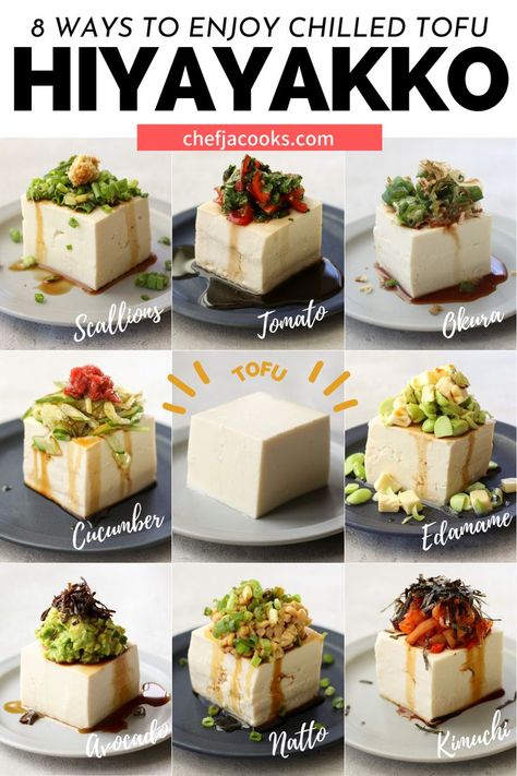 If you are wondering what to do with tofu try this recipe! I will show you 8 ways to enjoy Hiyayakko, a simple cold tofu dish. Japanese Tofu Dishes, Hiyayakko Tofu, Cold Tofu Recipes, Japanese Recipes Traditional, Washoku Recipes, Japanese Food Ideas, Japanese Tofu Recipes, Cold Tofu, Japanese Breakfast Traditional