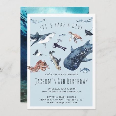 $2.80 | Watercolor Ocean | Birthday Party Invitation #scuba diving, birthday party, modern, watercolor, beach, ocean, pool party, blue waves, whale shark turtle octopus, under the sea Ocean Birthday Party Invitations, Whale Birthday, Sea Whale, Ocean Birthday Party, Ocean Birthday, Animal Baby Shower Invitations, Sea Birthday Party, Watercolor Ocean, Sea Birthday