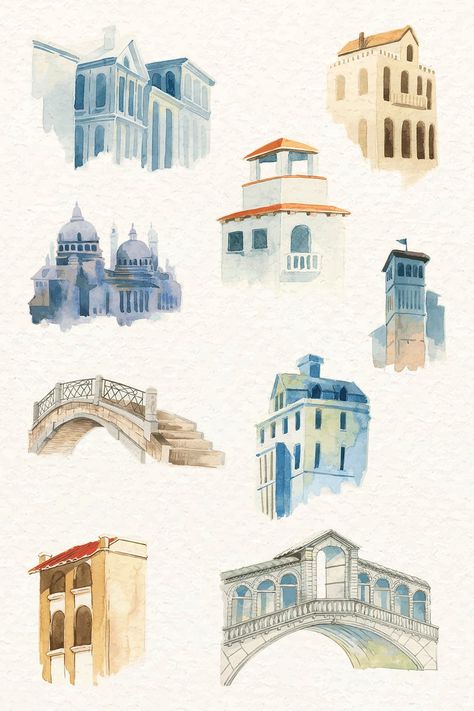 European Drawing, Architectural Building Sketches, Watercolor Collection, Buildings In Watercolor, Building Watercolor Painting, Building Drawing Watercolor, Buildings Watercolor, Painting Buildings Watercolor, Aesthetic Building