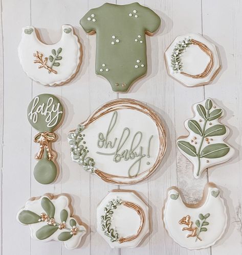 Sage Green Baby Shower Cookies, Green Baby Shower Cookies, Dinosaur Baby Shower Cookies, Safari Baby Cookies, Baby Onesie Cookies, Baby Shower Cookies Neutral, Safari Baby Shower Boy, Sage Green Baby Shower, Baby Shower Sweets