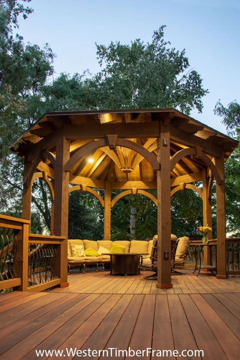 DIY Gazebo Kit over deck. #DIYGazeboKit #DIYCoveredDeck #TimberFrameGazeboKit Timber Frame Gazebo, Terrace Cover, Gazebo On Deck, Timber Pergola, Diy Gazebo, Gazebo Plans, Pergola Swing, Wooden Gazebo, Pergola Attached To House