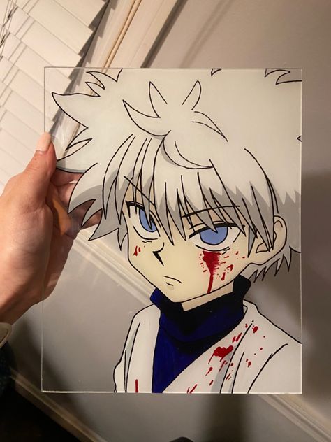 hunterxhunter hxh killua zoldyck glass painting Gon X Killua Painting, Hunter X Hunter Glass Painting, Killua Painting Canvas, Hunter Hunter Painting, Easy Anime Paintings On Canvas, How To Draw Killua, Hunter X Hunter Painting Canvases, Bleach Anime Painting, Glass Painting Designs Anime