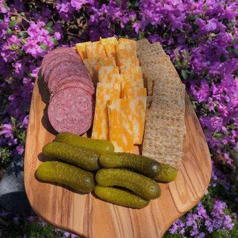 Summer Sausage Cheese And Crackers, Herb Crackers, Mini Pickles, Mini Charcuterie Board, Mini Charcuterie, Trip Snacks, Cheese And Crackers, Summer Sausage, Road Trip Snacks