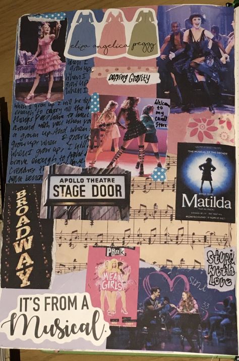 Theatre Scrapbook Ideas, Theater Scrapbook Ideas, Musical Theatre Scrapbook, Musical Theatre Collage Wallpaper, Theatre Scrapbook, Theatre Journal, Movies Scrapbook Page, Scrapbook Movie Page, Gcse Drama