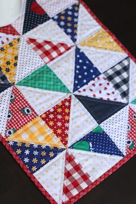 Table Runner with Sunnyside Ave Fabrics Triangle Table Runner, Free Apron Pattern, Triangle Table, Patchwork Table Runner, Apron Pattern, Quilted Table Runners Patterns, Quilted Table Toppers, Patchwork Quilt Patterns, Table Runner And Placemats