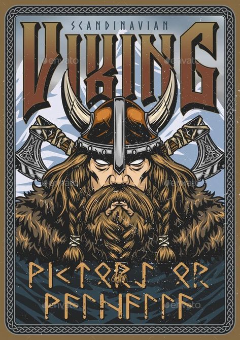 Nordic Poster Design, Viking Graphic Design, Viking Art Illustration, Medieval Poster, Vikings Poster, Vintage Alcohol Labels, Viking Illustration, Viking Poster, Mural Painting Ideas