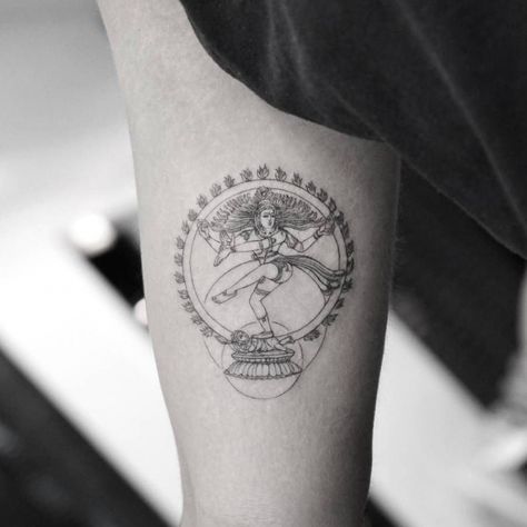 Nataraja tattoo on the right inner arm. #tattoos #backtattoos #tattooideas Nataraja Tattoo Design, Nataraja Tattoo, Tattoo In Hand, Kali Tattoo, Shiva Nataraja, Hindu Tattoos, Yoga Tattoos, Wrist Tattoos For Guys, Shiva Tattoo