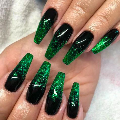 Black With Green Sparkle Nails, Black And Jade Nails, Grey Nail Inspiration, Money Green Nails Designs, Dead Nails Design, Emerald City Nails, Wicked Musical Inspired Nails, Green And Black Ombre Nails, Petrol Blue Nails