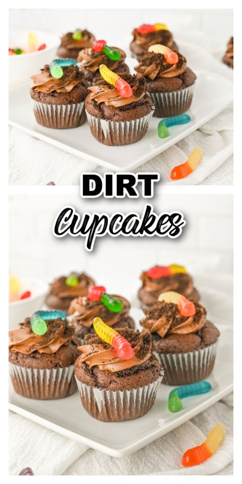 Dirt Cupcakes with Gummy Worms Cupcakes Chocolate Frosting, Dirt Cupcakes, Oreo Dirt Cake, Dirt Cake Recipes, Homemade Chocolate Cupcakes, Homemade Chocolate Frosting, Gummy Worm, Cake Mix Ingredients, Chocolate Frosting Recipes