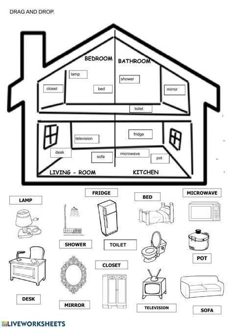 Objects in the house online worksheet for PRIMERO DE PRIMARIA. You can do the exercises online or download the worksheet as pdf. Things In The House Worksheet, Parts Of The House Worksheet For Kids, Parts Of The House Worksheet, Parts Of House, House Objects, English Exercises, Preschool Activities Toddler, Learning English For Kids, English Worksheets For Kids