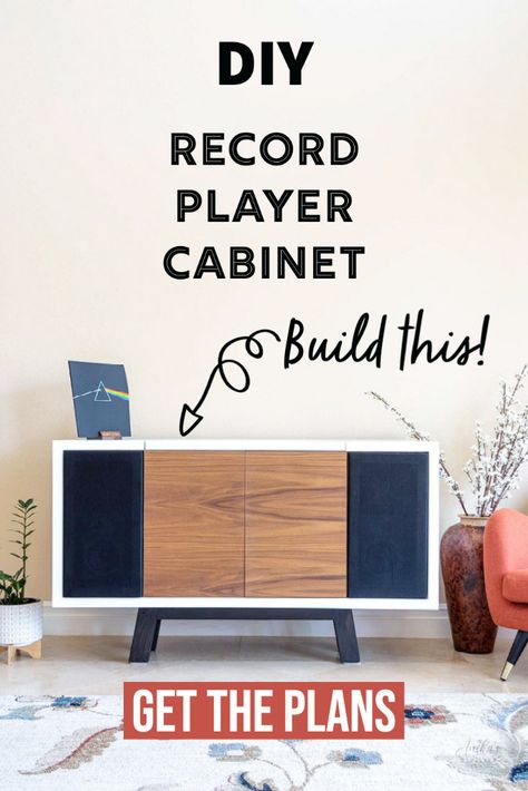 This DIY record player stand will blow your mind! It has storage for records and even space for the speakers. Get the step-by step tutorial, printable woodworking plans and watch the full video! #anikasdiylife Diy Record Player Stand, Diy Record Player, Console Ideas, Diy Record, Printable Woodworking Plans, Record Player Table, Record Player Cabinet, Stereo Console, Record Stand