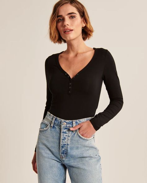 Women's Long-Sleeve Luxe Cozy Henley Bodysuit | Women's Up To 50% Off Select Styles | Abercrombie.com Black Halter Bodysuit, Henley Long Sleeve, Henley Tee, Future Style, Cutout Bodysuit, Rib Fabric, Cozy Fabric, Tops Blouse, American Clothing