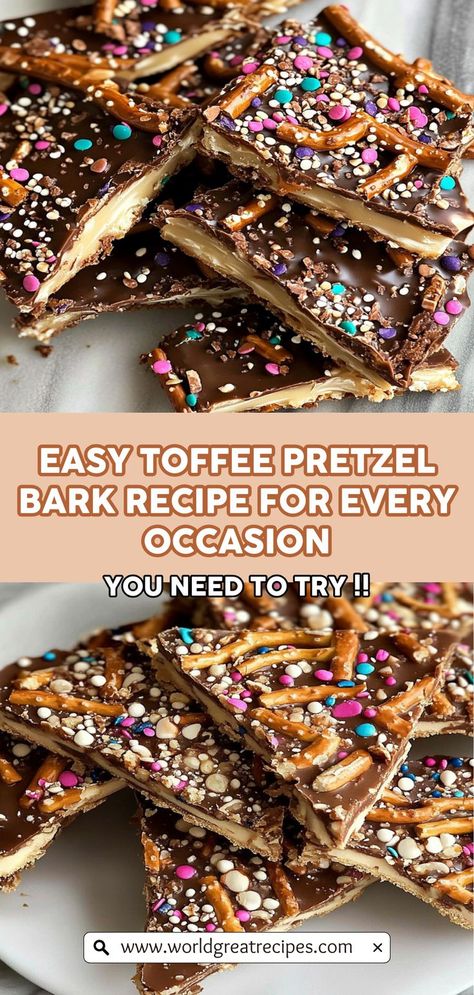 Make entertaining easy and delicious with this Sweet and Salty Toffee Pretzel Bark recipe! This treat combines the satisfying crunch of pretzels with a buttery toffee layer and decadent chocolate, making it the ultimate dessert for any gathering. Perfect for holiday parties or casual get-togethers, this bark is not only quick to prepare but will also leave your guests raving about its flavor. Get ready to impress your friends and family with this delightful and easy-to-make treat! Christmas Toffee Pretzels, Pretzel Toffee Bark Recipe, Recipes With Crushed Pretzels, Toffee Bits Desserts, Saltine Toffee Bark, Pretzel And Chocolate Treats, Pretzel Bark Recipes Simple, Toffee Covered Pretzels, Pretzel Recipe Dessert