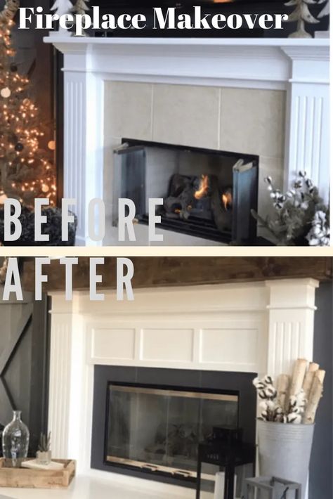 Is your fireplace dated and in need of a refresh? Check out this fireplace makeover. An easy DIY for covering up old dated tile and bringing your fireplace up to date. How To Make Old Fireplace Look Modern, Faux Beam Fireplace Mantel, Fireplace Tile Replacement, How To Cover Up Tile On Fireplace, Mantel Update Ideas, How To Cover Tile Fireplace, Replacing Fireplace Mantle, Adding A Mantle To A Fireplace, Adding A Hearth To Fireplace