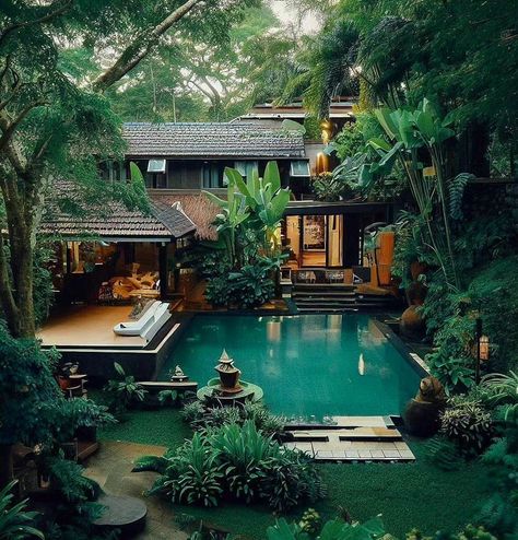 Japanese Pool, Rainforest Aesthetic, Rainforest House, Modern Glass House, Kolam Koi, Diy Landscape, House Pool, House Series, Jungle House