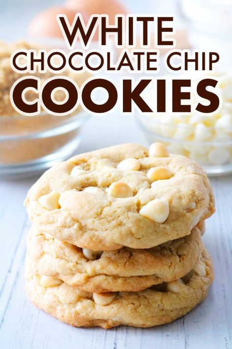 Thick, chewy White Chocolate Chip Cookies are distinctly vanilla thanks to a generous serving of creamy white chocolate chips. This buttery and soft cookie recipe is perfect for vanilla lovers. Bonus — they're also easy to make and come together fast! #cookie #cookierecipes #whitechocolatechipcookies #desserts #vanillacookies #dessertrecipes Chewy White Chocolate Chip Cookies, Best White Chocolate Chip Cookies, Cookie Recipes With White Chocolate Chip, Cookies Recipes White Chocolate Chip, White Chip Cookies Recipes, Easy White Chocolate Chip Cookies, White Chocolate Chip Recipes Easy, Homemade White Chocolate Chip Cookies, White Chocolate Cookies Recipes