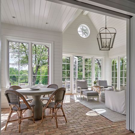 CVG :: residential :: all Sunroom Vaulted Ceiling, Sunroom Flooring Ideas, Sunroom Flooring, Sunroom Dining Room, White Painted Brick, Brick Floor, Cedar Shake, Cape Dutch, Addition Ideas