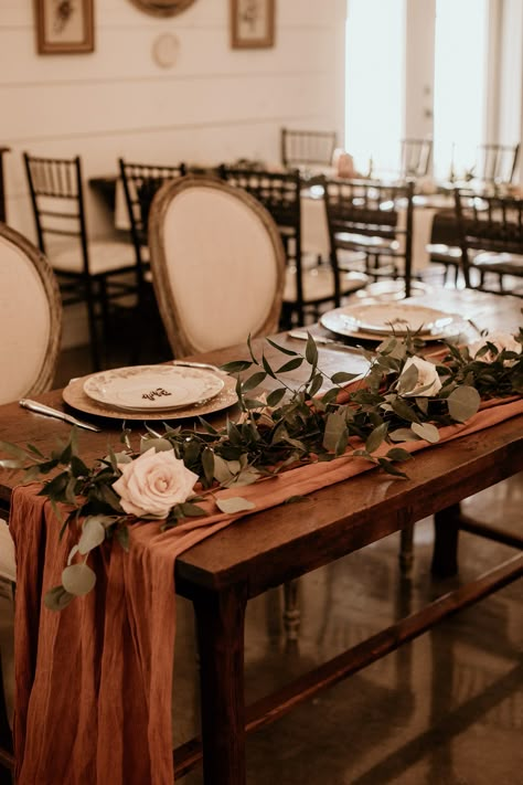 Blush and rust wedding terra-cotta table runner sweetheart table boho wedding rustic wedding Terracotta Bride And Groom Table, Terra Cotta Table Runner, Head Table Terracotta, Rust Color Wedding Table Decor, Terra Cotta Table Decor, Rust Sweetheart Table, Terracotta Wedding Head Table, Fall Wedding Table Runner, Rust Table Runner Wedding