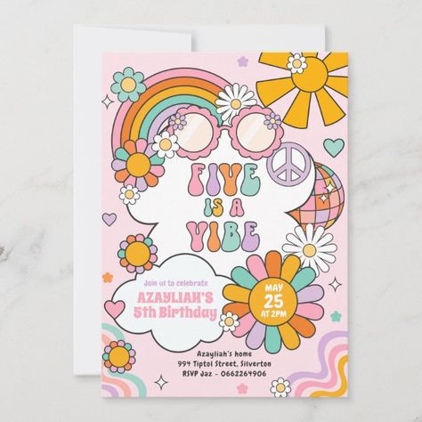 Create your own Invitation | Zazzle Five Is A Vibe Party, Fourever Groovy, Four Ever Groovy, Flower Power Birthday, First Birthday Template, Five Is A Vibe, Flower Power Party, Hippie Birthday Party, 70s Flower Power