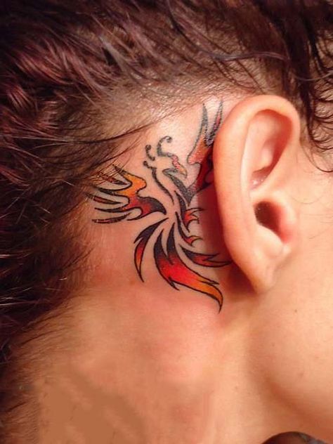 Pheonix Tattoo Behind The Ear, Dragon Tattoo Ear, Watercolor Dragon Tattoo, Tato Phoenix, Tattoo Ear, Unique Tattoos Black Women, Small Phoenix Tattoos, Phönix Tattoo, Phoenix Tattoos