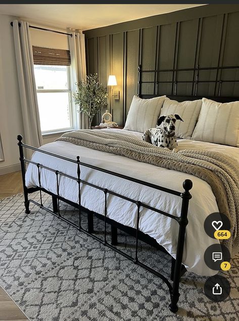 Sage Green Accent Wall, Black Iron Beds, Florida Bedroom, Green Accent Wall, Wrought Iron Bed Frames, Cabin Chic, Cozy Living Room Design, Black Bed Frame, Cabin Bedroom