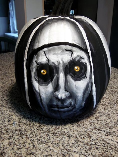 The Nun, pumpkin Terrifier Painted Pumpkin, Pumpkins Painting Ideas Scary, Pumpkin Painting Ideas Terrifier, Terrifier Clown Pumpkin, Painted Scary Pumpkins, Shrek Painted Pumpkin, Scary Pumkins Ideas Painted, Zombie Painted Pumpkin, Pumpkin Painting Ideas Easy Scary