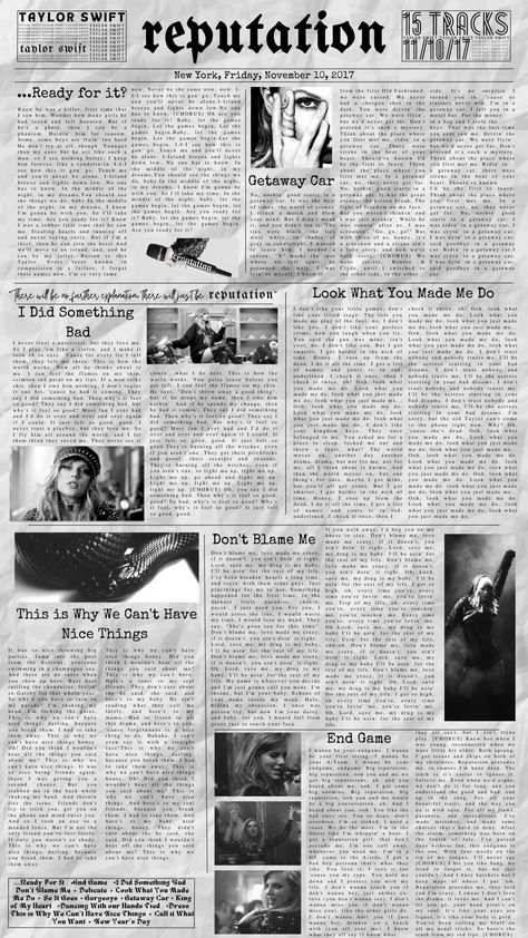 Casual Reputation Taylor Swift Outfits, Taylor Swift Reputation Wallpaper Aesthetic, Taylor Swift Newspaper, Reputation Taylor Swift Wallpaper, Taylor Swift Prints Reputation, Taylor Swift Reputation Tracklist, Reputation Newspaper Wallpaper, Taylor Swift Reputation Newspaper, Newspaper Wallpaper