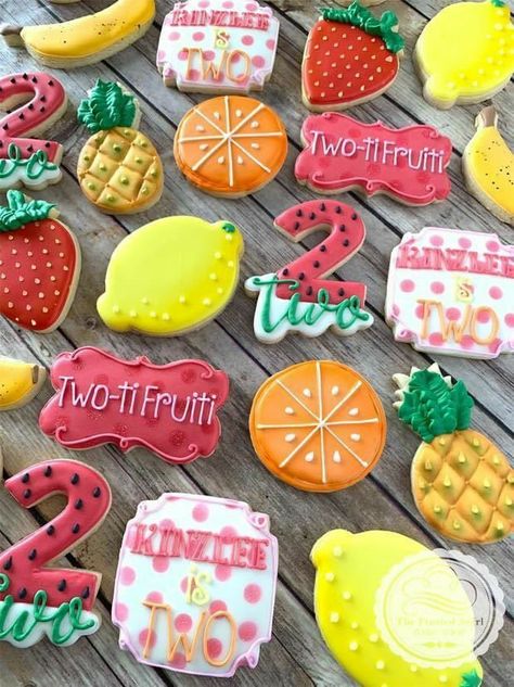 Kids birthday cookies, 2 birthday cookies, tutti fruiti cookies, birthday cookies, cookies decor Tutti Fruity Party, Twotti Fruity, Tutti Frutti Birthday Party, Fruity Cookies, Fruit Birthday Party, 2nd Birthday Party For Girl, Fruit Birthday, Feeling Thankful, Second Birthday Ideas