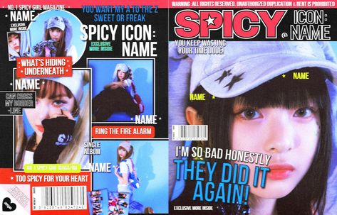 Aespa Spicy Album Cover, Kpop Album Concept Ideas, Kpop Photobook Layout, New Jeans Magazine, Retro Magazine Layout, Magazine Edit Kpop, Kpop Magazine Edit, Y2k Magazine Cover, Creative Magazine Cover