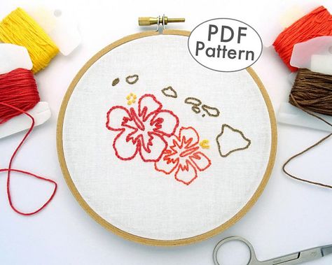 Hawaii Embroidery Pattern, PDF Embroidery Download, Hibiscus Hand Embroidery, Hawaii Flower, State W Hawaii Embroidery, Hibiscus Flower Embroidery, Hibiscus Embroidery, Cowboy Embroidery, Yellow Hibiscus, Embroidery Wall Art, Embroidery Download, Easy Embroidery, Embroidery Design Download