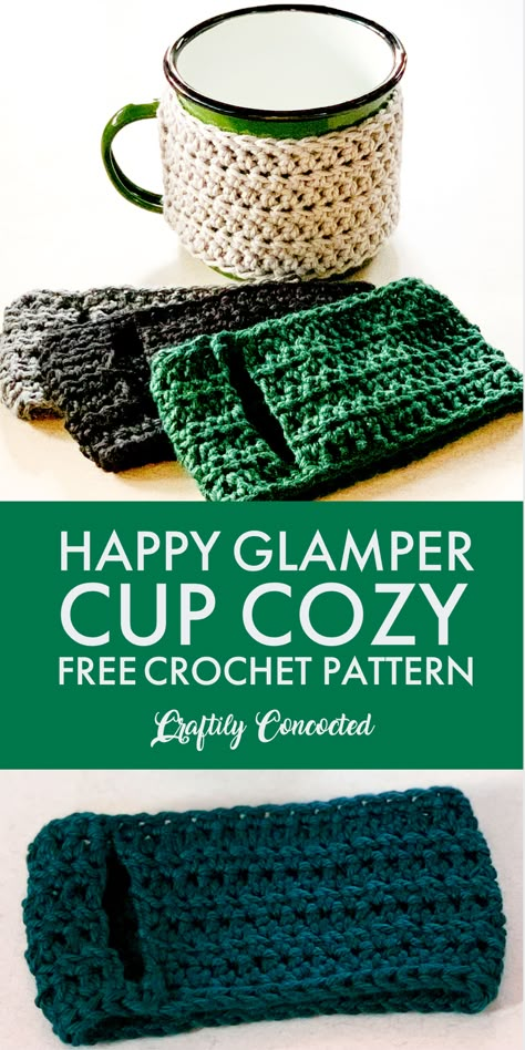 Free Crochet Pattern - Happy Glamper Mug Cozy Mug Cozy Crochet, Cup Cozy Crochet, Cup Cozy Crochet Pattern, Mug Cozy Pattern, Happy Glamper, Crochet Mug Cozy, Crochet Coffee Cozy, Crochet Unique, Crochet Cup Cozy